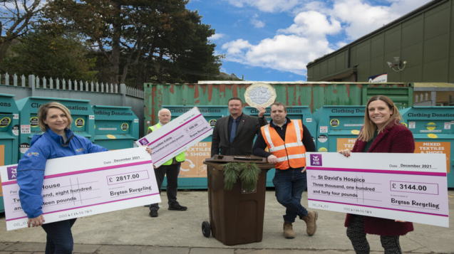 Bryson Recycling cheque presentation to 3 local charities with money raised through their Recycling Rewards Campaign where they donate £1 for every tonne of garden waste collected through the brown bin service that they run on behalf on Conwy Council. Pictured; (Centre L/R) Councillor Greg Robbins, Conwy County Borough Council and Gareth Walsh, Byson Recycling general Manager with (from Left) Sarah Ritchie of Hope house, Trefor Price of Incredible Edible and Margaret Hollings of St David's Hospice. 
Picture Mandy Jones