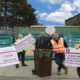 Bryson Recycling cheque presentation to 3 local charities with money raised through their Recycling Rewards Campaign where they donate £1 for every tonne of garden waste collected through the brown bin service that they run on behalf on Conwy Council. Pictured; (Centre L/R) Councillor Greg Robbins, Conwy County Borough Council and Gareth Walsh, Byson Recycling general Manager with (from Left) Sarah Ritchie of Hope house, Trefor Price of Incredible Edible and Margaret Hollings of St David's Hospice. 
Picture Mandy Jones