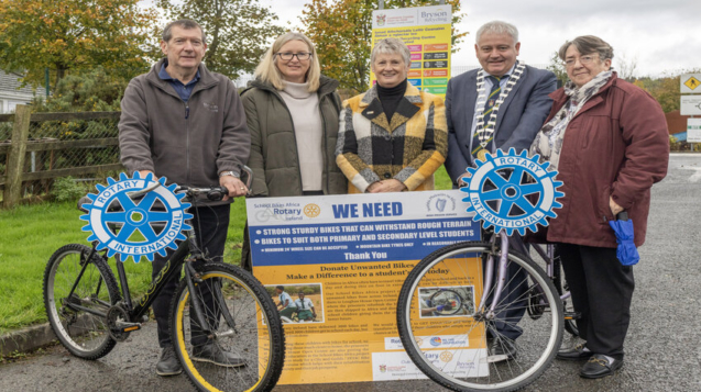 Cathaoirlach Colr Martin Harley pictured with Connie Gallagher (Bryson Recycling), Fiona Kelly (Donegal County Council), Cynthia Furey and Doreen Sheridan Kennedy(Letterkenny Rotary) at the launch of the School Bikes for Africa.  (NW Newspix)