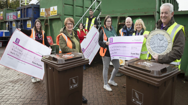 Bryson Recycling Rewards campaign cheque presentation; Pictured from left; Becky Harris of The Lily Foundation, Nia Owen , Janine Cusworth of Resource CIC , Dan McCabe of bryson, Helen Edgley of Banc Bwyd Conwy Wledig (Conwy Rural Foodbank) , Cllr Geoff Stewart, Cllr Gwennol Ellis and Mark Ellis, Community Engagement Manager at Bryson Recycling.           picture Mandy Jones