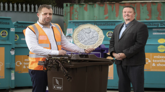 Bryson Recycling ;  donate £1 to charity for every tonne of garden waste collected  though their brown bin service. Pictured are  Gareth Walsh; General Manager at Bryson Recycling and Cllr Greg Robbins. 
Picture Mandy Jones